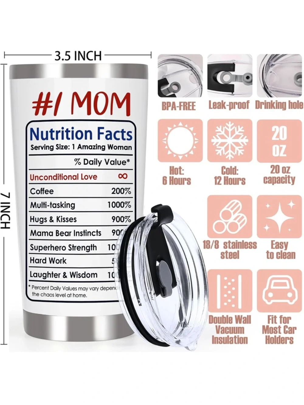 #1 Mom White Stainless Steel Tumbler with Patriotic Cartoon new